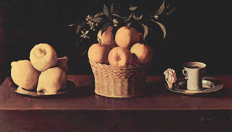 Francisco de Zurbaran Plato con limones cesta con naranjas y taza con una rosa oil painting image